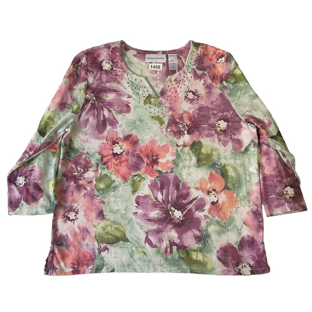 Alfred Dunner Women Blouse M Purple Floral Rhinestone Crew Neck Pullover Stretch